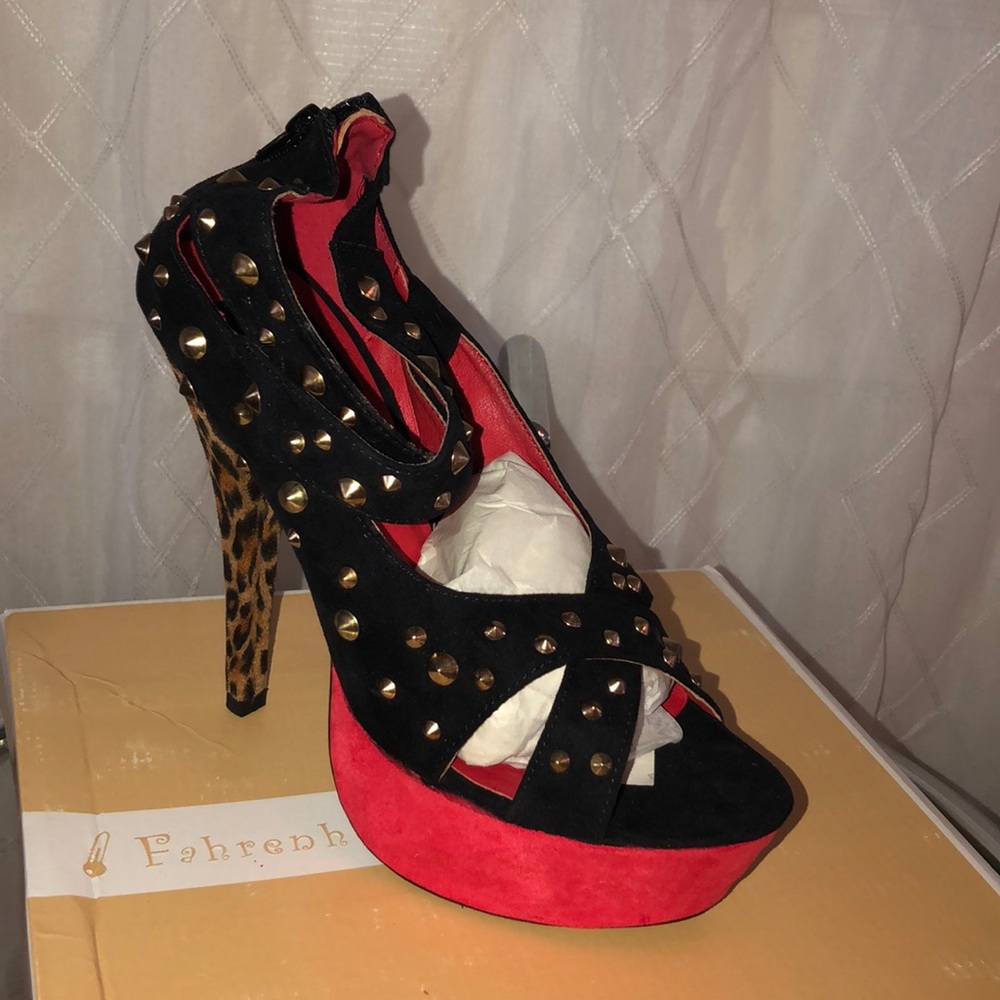 Red cheetah heels with gold studs